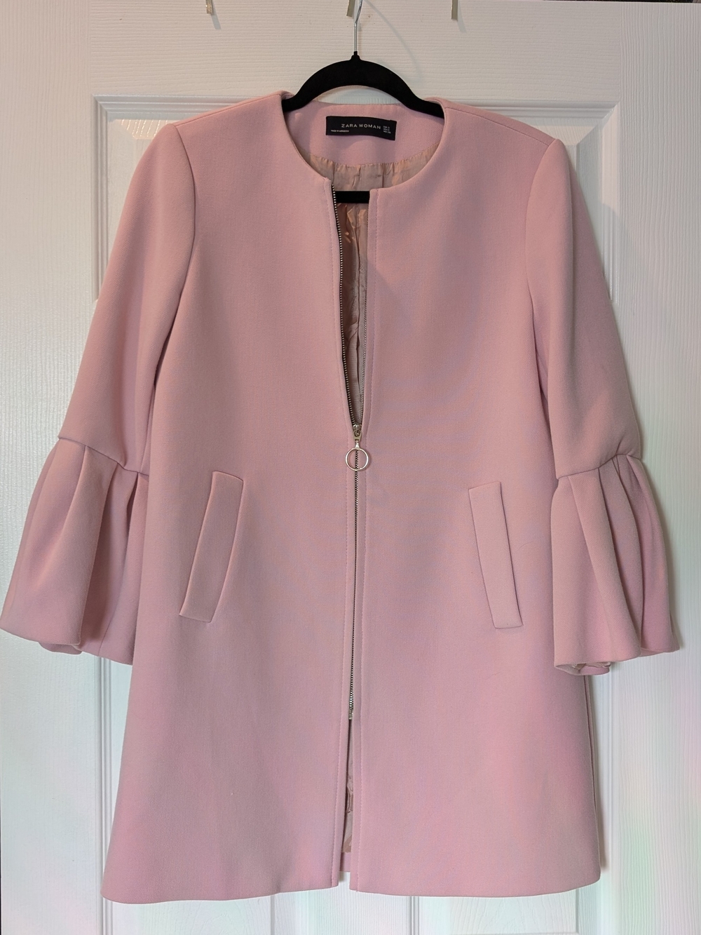 Zara Pink Ruffle Sleeve Coat, 100% Linen & Viscose